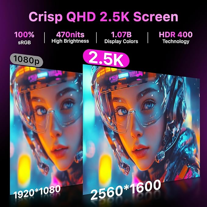 Portable Monitor 16 inch 2.5K QHD 100% sRGB 144Hz Travel Monitor for Laptop MacBook Surface PC Xbox PS5 HDMI USB-C VESA Compatible Built-in Speaker