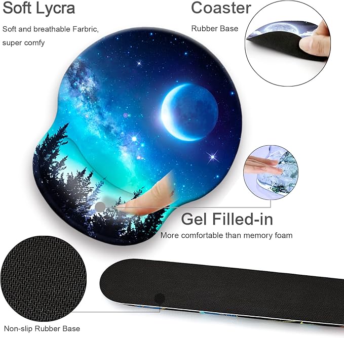 Mouse Pad + Desk Mat + Keyboard Wrist Rest + Coaster 4 in 1 Set Cute Ergonomic Large Gaming Mousepad with Wrist Rest Support Desk Pad for Computer Laptop Office Home Decor-Forest Moon