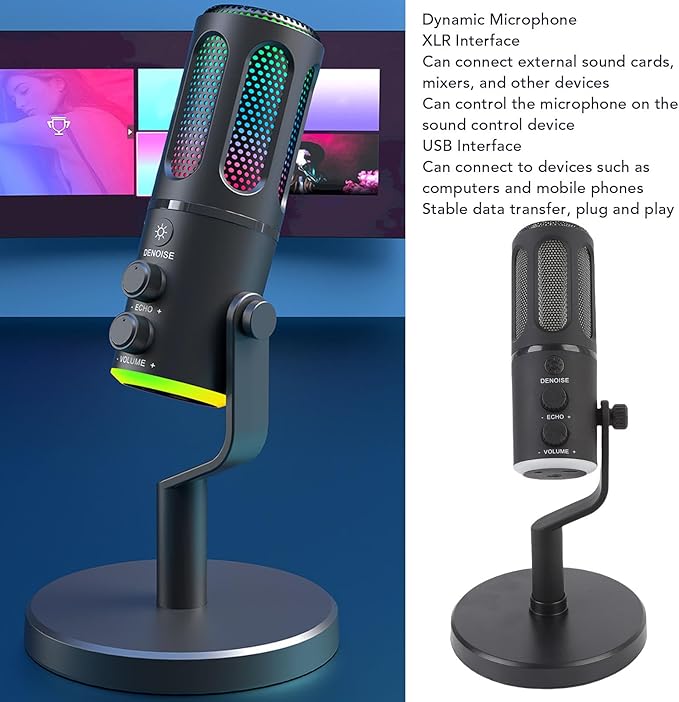 Zunate Dynamic Microphone XLR USB Interface Cardioid Pickup Pattern RGB Microphone for Vocal Voice Over Streaming Studio Metal Mic with Mute Headphone Jack for Gaming