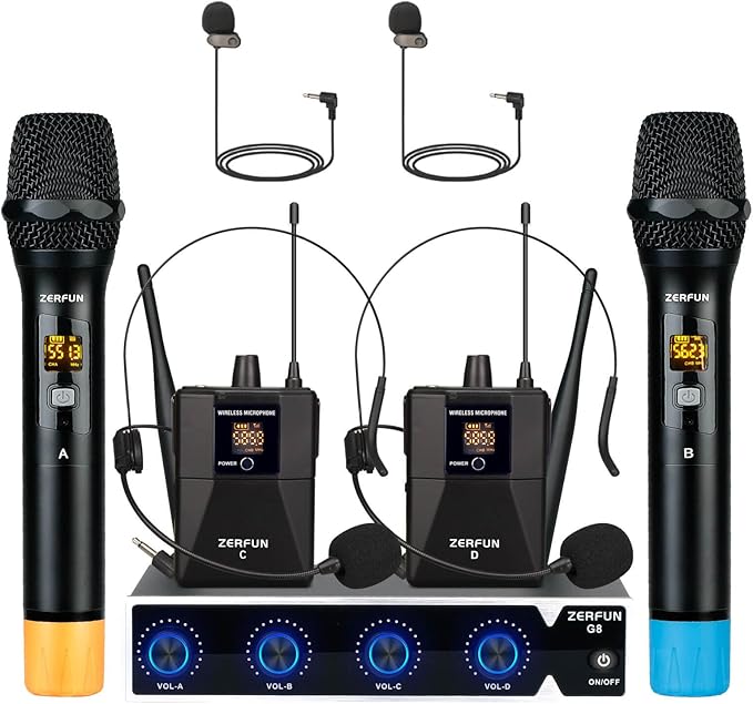 Pro Wireless Microphone System 4 Channel UHF Metal Cordless Handheld Headset Lavalier Lapel Mics for Church Karaoke Singing 4x50 Adjustable Frequency(G8 Battery 2 Handheld 2 Bodypack)