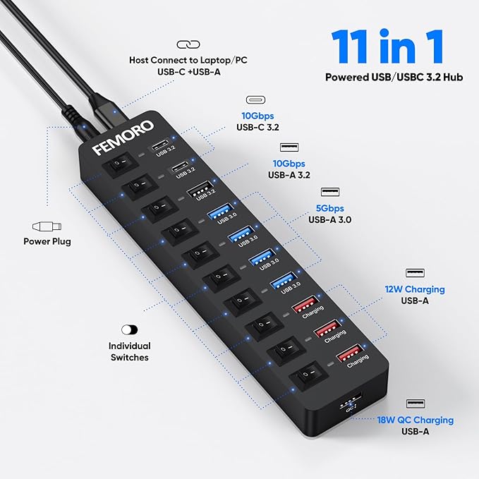 Powered USB C Hub 3.2 11-Port 48W USB-C 3.2 (10Gbps)*2 + USB-A 3.2 (10Gbps)*1 + USB-A 3.0 (5Gbps)*4 + Power-only Port*4 with 12V/4A Power Adapter High Speed for Laptop PC Phone SSD HDD Flash Drive