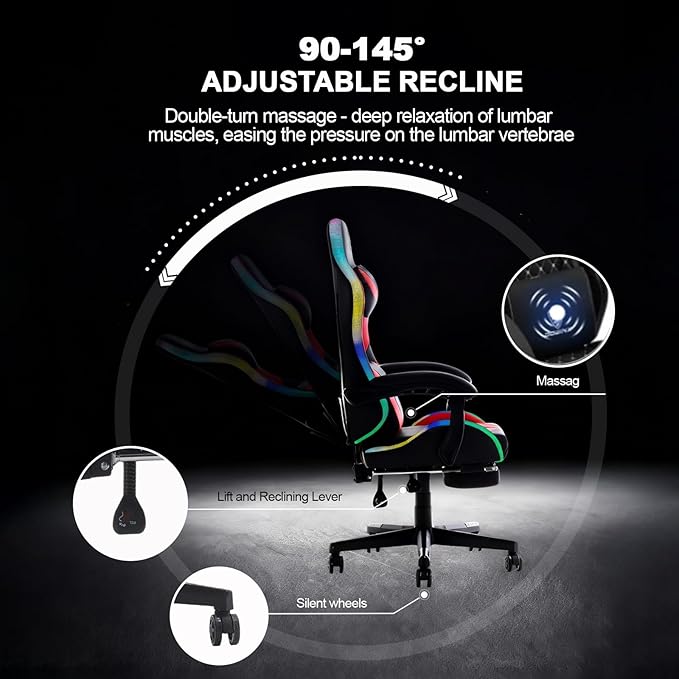 Kechen Gaming Chair LED Light Gaming Chair with Footrest and Massage Big and Tall Computer Chair with Lumbar Support Gaming Chairs for Adults with Pocket Spring Cushion (LED Light Red/Black)