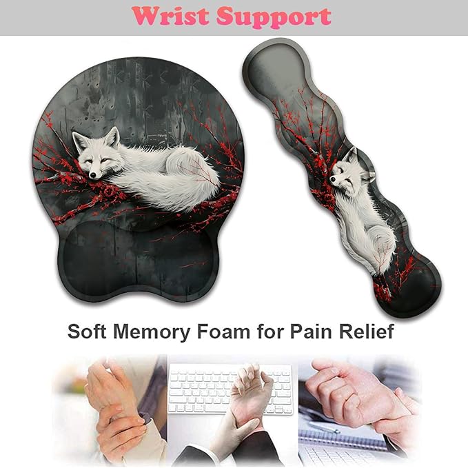 3 in 1 Keyboard Wrist Rest + Mouse Pad and Coaster Ergonomic Gel Mouse Pad and Keyboard Pad Set Comfortable Lightweight for Easy Typing Pain Relie Fox and Red Branch