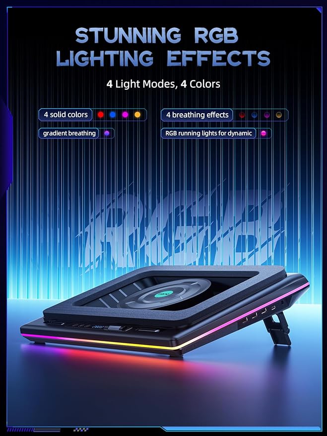 llano V12 Gaming Laptop Cooling Pad RGB Laptop Cooler Laptop Cooling Fan Stand with 5.5 Inch Powerful Turbofan for 15.6-19in Laptop Adjustable Speed Dustproof 3-Port USB Hub Black (RGB)