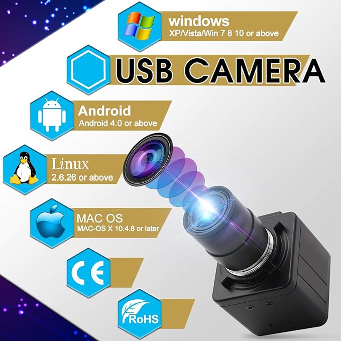 2MP H.264 Webcam 2.8-12mm Varifocal Lens USB Camera HD 1080P 0.01Lux Low Light Streaming Camera CMOS IMX322/IMX323 Sensor Industrial Webcam Plug and Play Free Driver