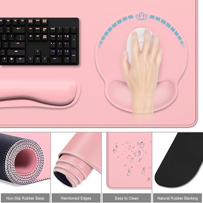 Dapesuom Large Gaming Mouse Pad Pink Mouse Pads with Wrist Rest Wrist Support 4in1 Big XXL Desk Mat Desk Pad + Ergonomic Mousepad + Memory Foam Keyboard Mat Wrist Rest + Coaster Set for Computer