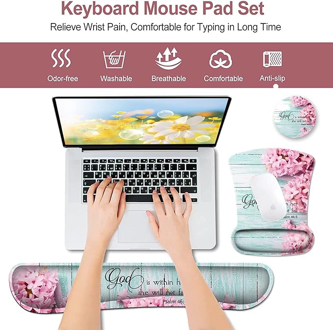 Mouse Pad with Wrist Support Ergonomic Gel Mouse Pad Beautiful FlowersNon-Slip Durable Memory Foam Keyboard Wrist Rest Suitable for Office Typing Games Pink Hyacinths on Wood Panel