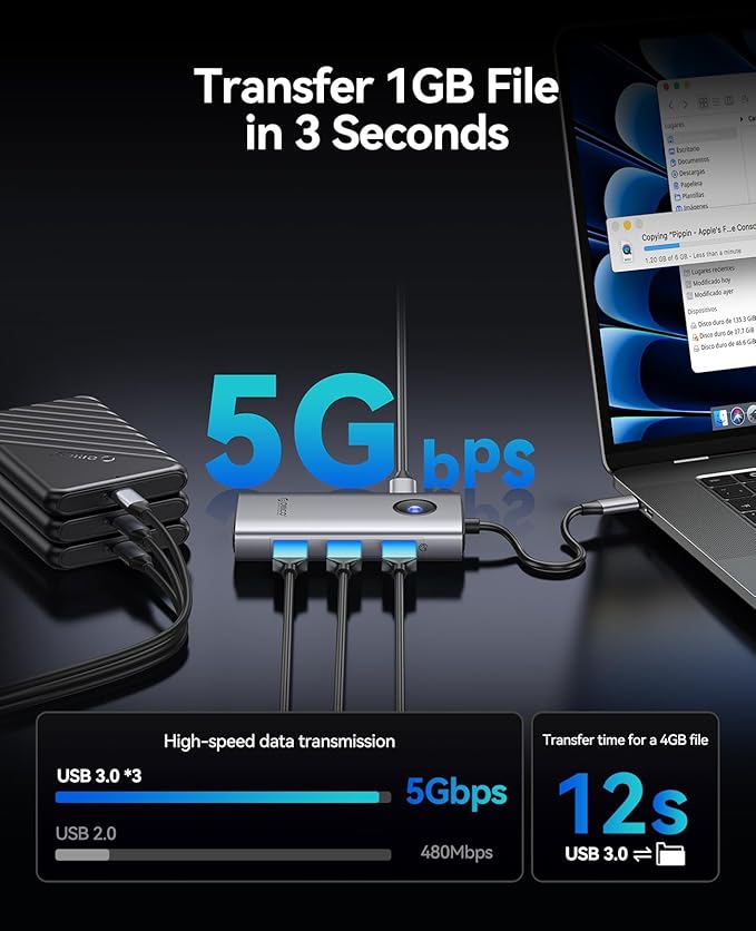ORICO USB C Docking Station 6-in-1 Laptop Docking Station with HDMI 4K@30Hz 1000Mbps Ethernet 100W PD 3xUSB-A 3.0 USB C Dock Compatible with MackBook/Dell XPS/HP/Surface