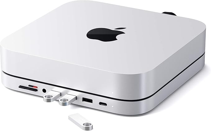 Satechi USB C Hub Type-C Aluminum Stand &amp Hub USB-C Data Port Micro/SD Card Readers USB 3.0 &amp Headphone Jack Port for Mac mini M2/M1 (Not Compatible with M4) - Silver