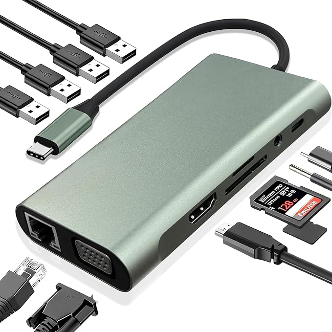 USB C Hub 11-in-1 Docking Station Type-C Multiport Adapter with 4K HDMI VGA 100W PD USB 3.0 RJ45 Ethernet SD/TF Card Reader AUX Compatible with MacBook Pro/Air Chromebook Laptops