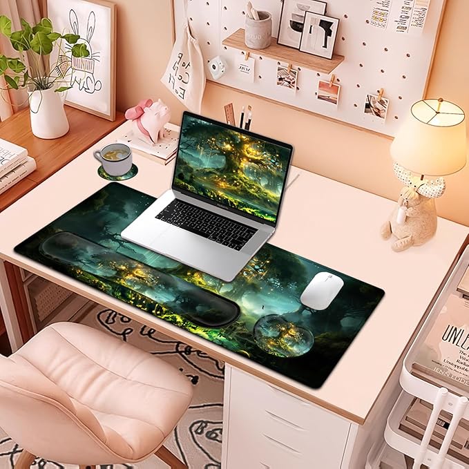 Large Mouse Pad + Keyboard Wrist Rest Set Extended Gaming Mousepad (31.5X11.8 inch) with Non-Slip Rubber Ergonomics Memory Foam Mouse Wrist Rest Support Tree of Life Pattern XXL Desk Pad