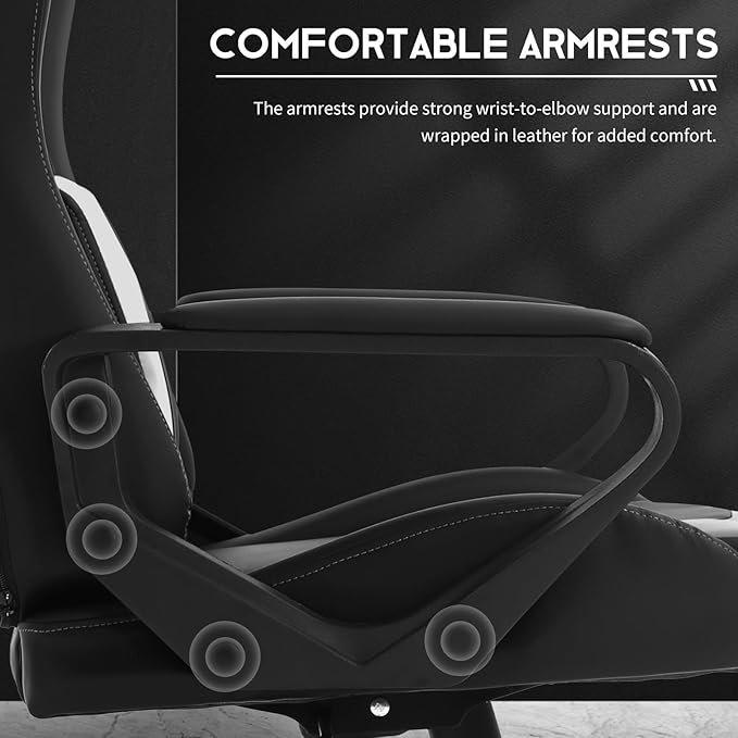Ergonomic Gaming Chair Home Office Desk Chair with Headrest and Lumbar Support for Adults Height Adjustable Computer Chairs Pu Leather 360° Swivel High-Back White
