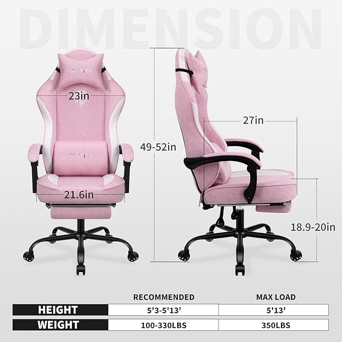 Gaming Chair Fabric with Pocket Spring CushionErgonomic Computer Office Chair Cloth with Footrest and HeadrestHigh Back Game Chair with Lumbar SupportAdjustable Backrest for AdultsPink