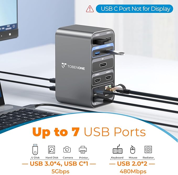 TobenONE Laptop Docking Station with 2 HDMI/DP Docking Station Dual Monitor with Power Supply 100W 7 USB-C/A PortsEthernetCompatible for Thunderbolt 4/3 Windows/Dell/HP/Lenovo
