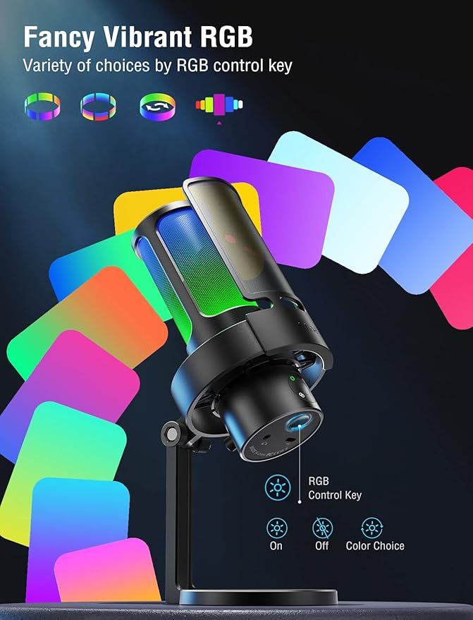 FIFINE Gaming USB Microphone PC Computer Mic with 4 Polar Patterns for Podcast Streaming Recording YouTube RGB Condenser Desktop Mic for Windows Mac with Headphone Jack-AmpliGame A8 Plus