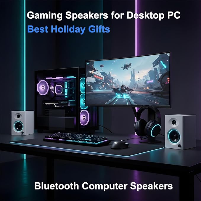 3-Inch Bluetooth 5.3 Computer Speakers for PC Max 60W RMS Rich Stereo Sound with Good Bass &amp Clear Highs Stable Aux/RCA Inputs for Gaming Home Office Studio White Pair