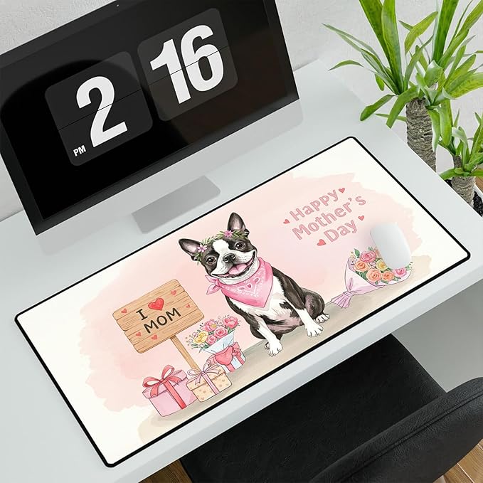 Happy Mother's Day Boston Terrier Love Dog Mom Heart Flower Desk Mat Full Keyboard Mouse Pad Gentleman Dog Lover Gifts Large Mousepad 12004