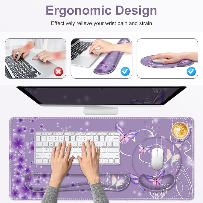 Purple Butterflies Florals Mouse Pad XXL Large Desk Mat Extended Reading Desk pad 4PCS Non-Slip Rubber Base Computer Big Mousepads for Work Game Office Home Decor Girls Woemn Gifts Accessories