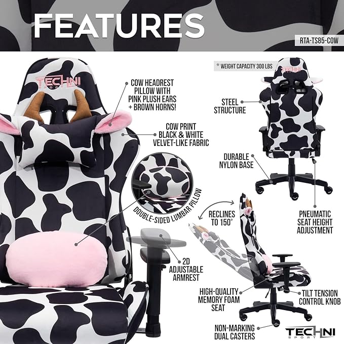 Gaming Chair Cow Print - Ergonomic Reclining Swivel Chair PC Racing Gamer Chair