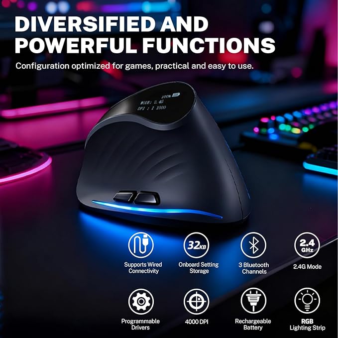 Gaming Mouse with Display Wireless Vertical Ergonomic Mouse with Tri-Mode Connectivity 7 Programmable RGB Buttons 4000 DPI Rechargeable for PC Laptop Mac