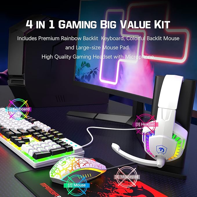 Wired Rainbow LED Backlit Keyboard and Mouse Over Ear Headphone with Mic Gaming Mice and Pad for PC Xbox and PS4 (White/Black)
