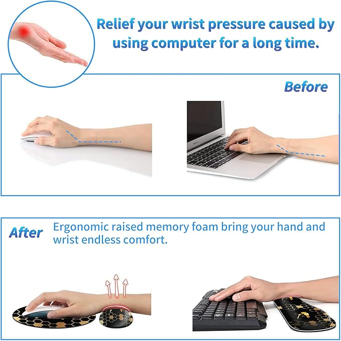 Keyboard Wrist Rest Pad Mouse Pad and Mouse Wrist Support Plus Cup Coaster for Gaming and Office Comfortable for Easy Typing and Pain Relief Honeycomb Bee