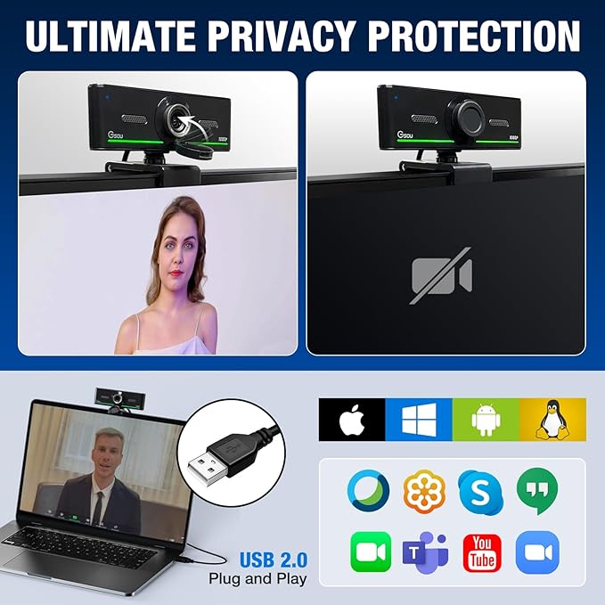 Gsou 1080P Webcam with Mics Auto Light Correction USB Plug&ampPlay Privacy Cover Computer Webcam Connect Bluetooth Headset/Earphone/Speaker Full HD for Business Meetings &amp Live Streaming