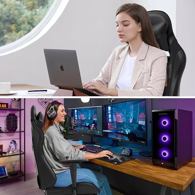 Gaming Chair Ergonomic Office Chairs PU Leather High-Back Computer Chair with Footstool and Lumbar Support360°Swivel Game Chairs with Headrest for Office &amp GamingBlack (Black)