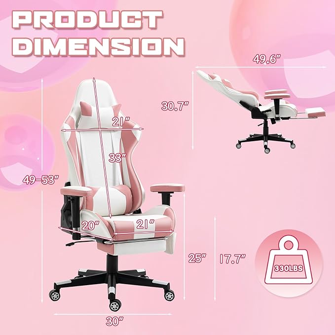 Massage Gaming Chair w/Footrest Video Racing Chair PC High Back Desk Computer Chair PU Leather Recliner w/Headrest and Lumbar Pillow Pink-White