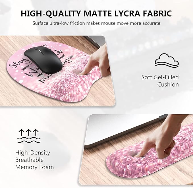 Pink Mouse Pad with Wrist Rest Ergonomic Desk Mat with Stitched Edges Non Slip Wrist Support (Stay Positive)