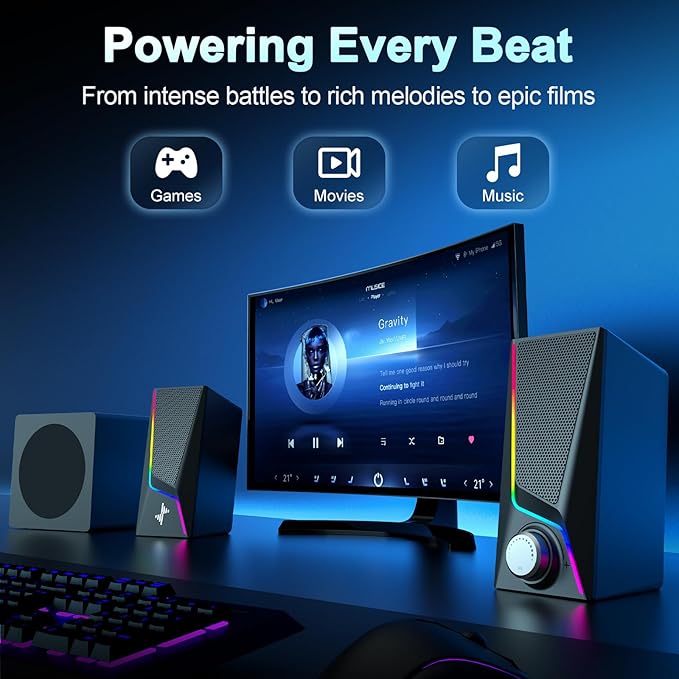 Nylavee Computer Speakers with Subwoofer 2.1 PC Speakers System with 8 Lighting Modes 60W Peak Power AC Adapter Powered Bluetooth 5.4 USB/USB-C and 3.5mm Aux in for Desktop Monitor Gaming