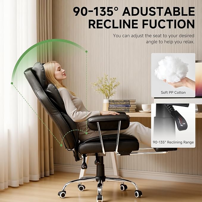 COMHOMA Big and Tall Office Chair High Back Leather Gaming Chair with Footrest Executive Ergonomic Office Chair with Pocket Spring Lumbar Support and with Outward Fixed Soft Armrests