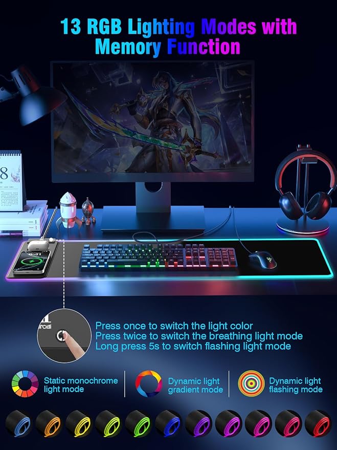 Mouse Pad with Magnetic Wireless Charging Large Desk Pad Protector RGB Black Mousepad Desk Mat with 15W Fast Charger 4mm Thick Non-Slip Waterproof Laptop Writing Pad for Office Home Gaming