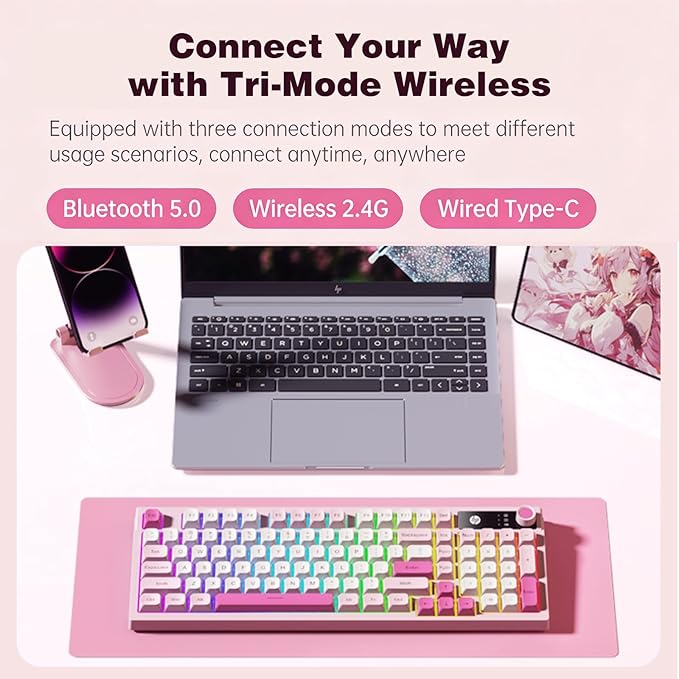 HP K500F Wireless Gaming Keyboard - 98 Keys RGB Backlit Volume Knob Tri-Mode Bluetooth 5.0/2.4GHz/USB-C Wired 3000mAh Rechargeable Membrane Keyboard for Desktop and Laptop (Gradient Pink)