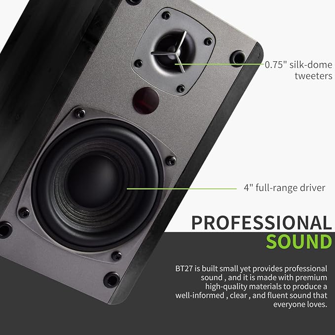SINGING WOOD BT27 Active Powered Bluetooth Bookshelf Speakers - 60W RMS Studio Monitor Speakers for PC TV Turntable - High Fidelity Wooden Enclosure with Remote Control - Black