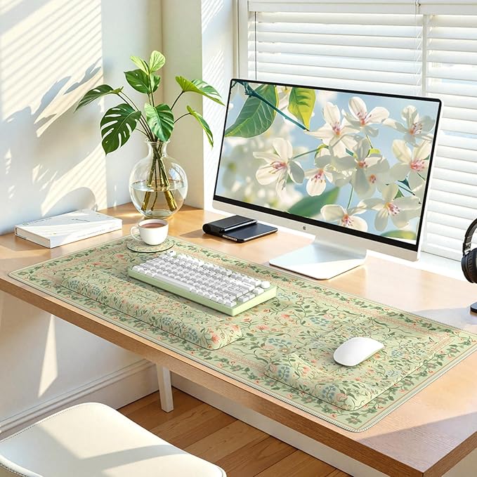 iLeadon Mouse Pad with Wrist Rest Non-Slip Desk Mat for Keyboard and Mouse Mouse Pad Sets for Women Desk Wrist Pads for Keyboard Floral Mat for Home Office (Light Green)