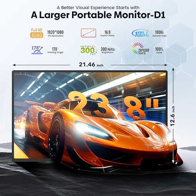 Laptop Screen Extender 23.8'' 1080P FHD 100HZ IPS Portable Monitor Travel Monitor for Work Home Gaming Landscape &amp Portrait Display Compatible with Wins/Mac/Linux &amp MINI PC/PS5/Smart Phone