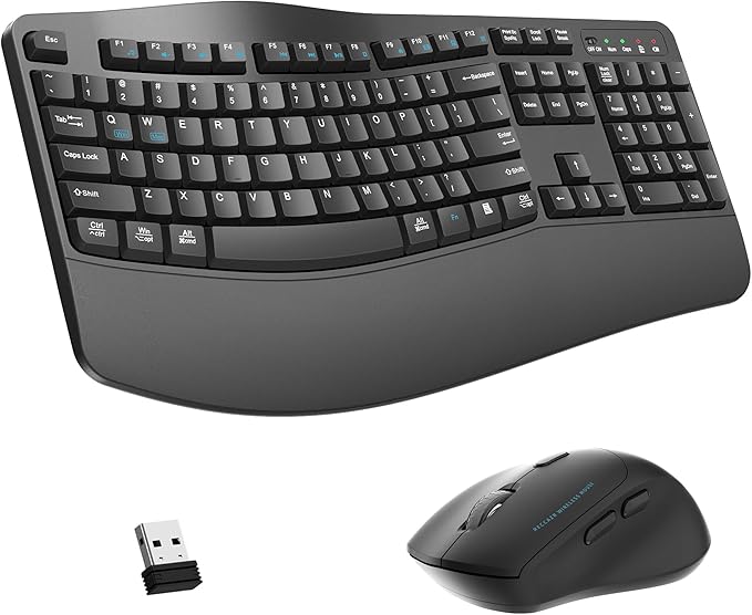 Wireless Keyboard and Mouse Combo2.4G Full Size Wave Keys Ergonomic Keyboard with Wrist Rest for Natural Typing 3 DPI Adjustable Ergonomic Silent Mouse for Computer/Laptop/Windows/Mac (Gray)