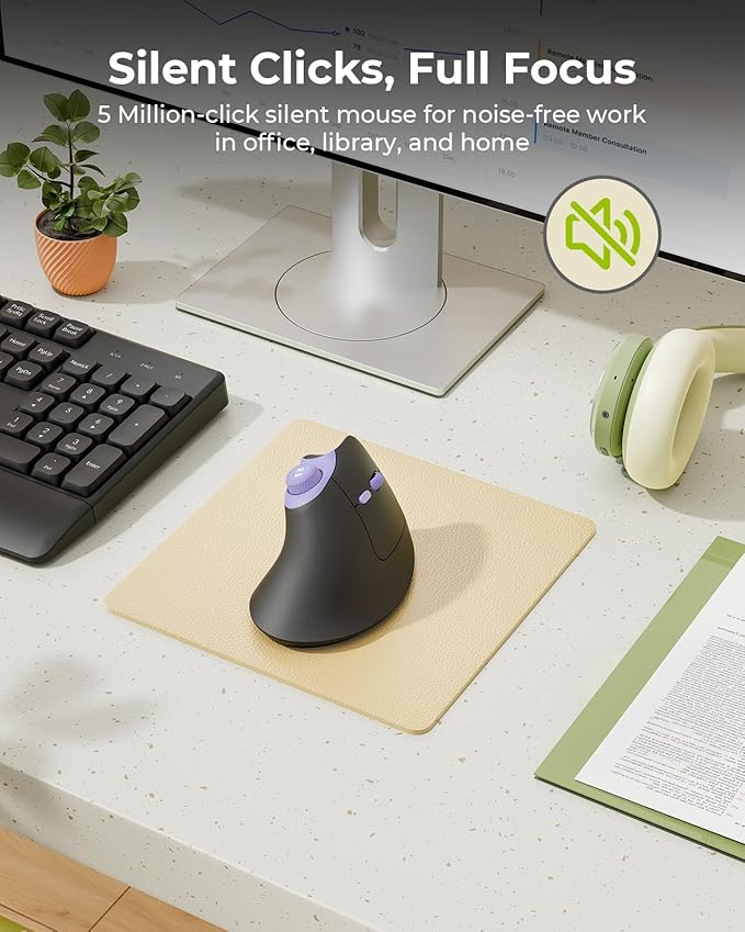seenda Ergonomic Mouse Wireless MOU-302 Bluetooth Vertical Mouse Rechargeable Optical Mice with 1000/1600/2400 DPI Volume Knob 3 Multi-Device Connectivity for Computer/PC/Laptop/Mac Black Purple