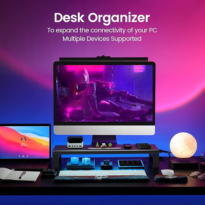 Vaydeer Wireless Charging and USB 3.0 Monitor Stand Monitor Riser for Desk with Storage Single Shelf Holder Raiser Organizer for Computer iMac Laptop PC Screen Heavy Duty Gift Gaming Studio Office
