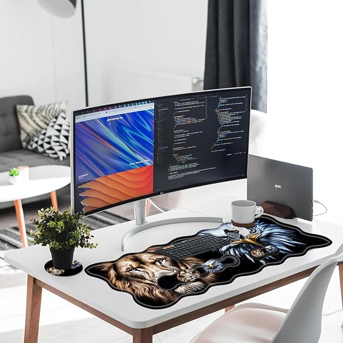 Large Gaming Mouse Pad Keyboard Wrist Rest Pad &amp Wrist Support Mousepad Set Stitched Edge Extended Non-Slip Base Memory Foam Desk Mat for Office HomeLion and Eagle Face Art