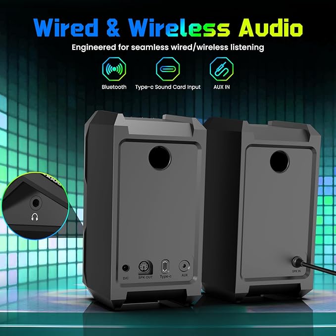 Computer Speakers for Music and Gaming DC Adapter Powered Speakers for Desktop PC or Laptop Bluetooth 5.3 Desktop Speaker 10 RGB Modes 3.5mm Aux in Headphone Port Type-c Port 30W 3 EQ