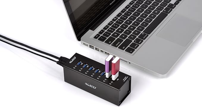 ViewHD Professional Premium Quality USB 3.0 7-Port Hub with On/Off Power Switch + 12V Power Adapter + USB Cable in Full Metal Case (Black) | Model: VHD-U3P7B