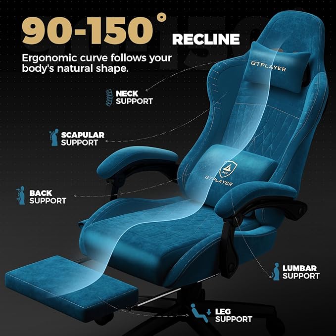 GTPLAYER ACE-PRO Music Gaming Chairs – Built-in Speakers App Support &amp Bluetooth Control Computer Game Chairs with Footrest for Adults Ergonomic Reclining Silla Linkage Armrest Blue 【Velvet】