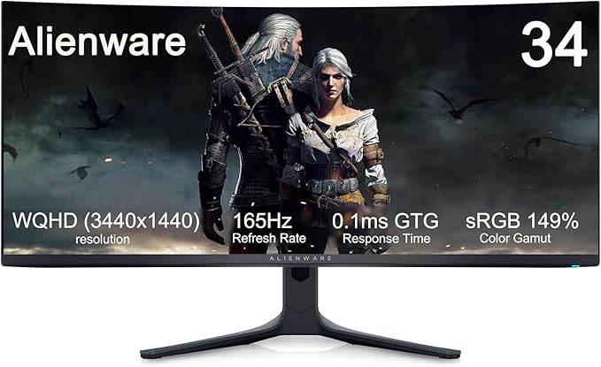 Dell Alienware 34 Curved QD-OLED Gaming Monitor - 34.18 WQHD (3440x1440) 21:9-165Hz - 0.1ms GTG - 1800R - DCI-P3 99.3% - sRGB 149% - AMD FreeSync Premium Pro - VESA AdaptiveSync Display