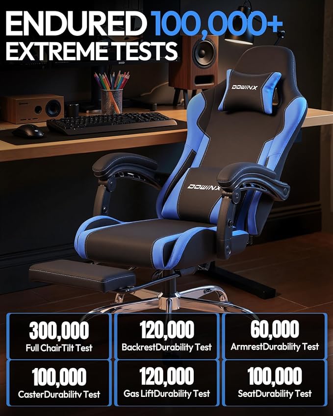 Dowinx Ergonomic Gaming Chair with Footrest &amp Massage Lumbar 2D-Linkage Armrests for Computer Chair 330lbs with Headrest Pillow for Office Home Streaming and Long Gaming Sessions Blue