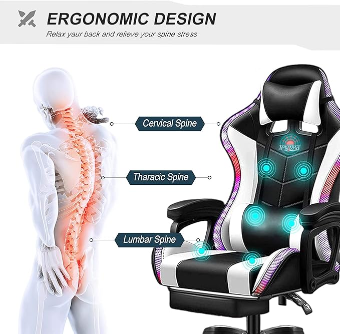 RGB Gaming Chair with Massage and Footrest Ergonomic Big and Tall Office Chair Computer Chair Video Game Chair with Speakers High Back Recliner Swivel Chair with Lumbar PillowWhite