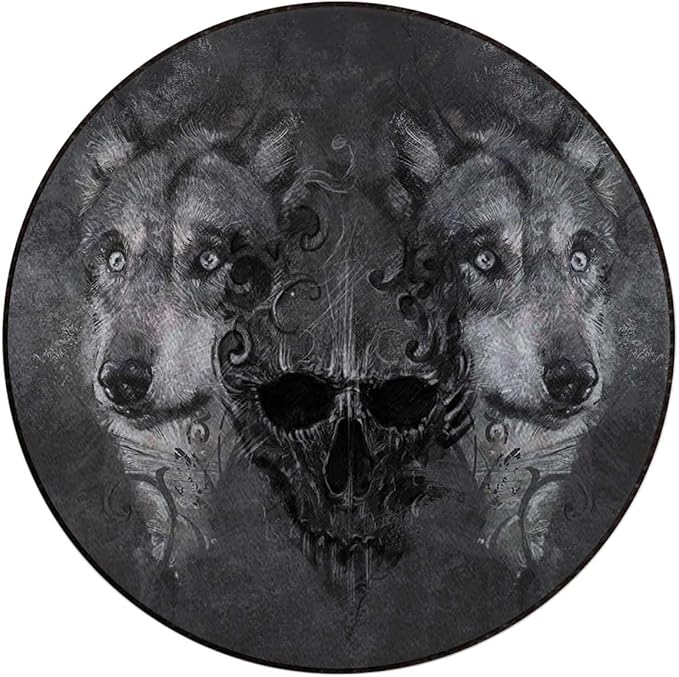 Grey BlackRound Area Rug Abstract Skull Figure Between Two Canine Animals Hardwood Floor Multi-Purpose Soft Mats for Gaming Rolling Chair/Living Room/Study Wolf Diameter 43.3 in