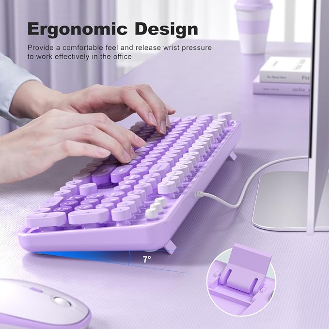 Large Print Keyboard Wired Full Size Wired Retro Round Keyboard with Foldable Stands Plug and Play for Laptop and Office PC- Purple Colorful