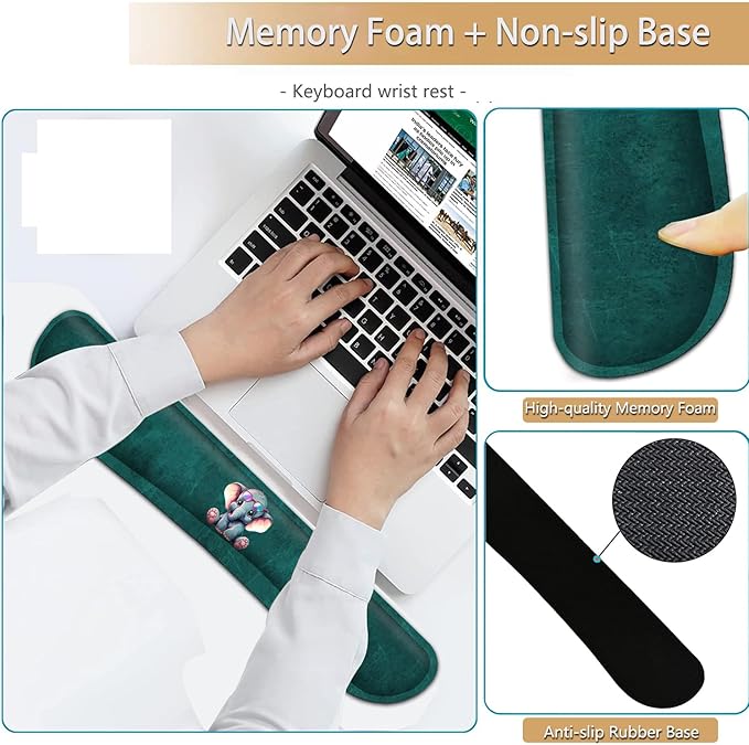 Keyboard Wrist Rest and Mouse Pad Wrist Support Set Ergonomic Gel Mouse Pad Wrist Rest with Non-Slip Base for Home Office Desk Pad Cartoon Animal Cute Baby Elephants Pattern Gaming Mouse Mat